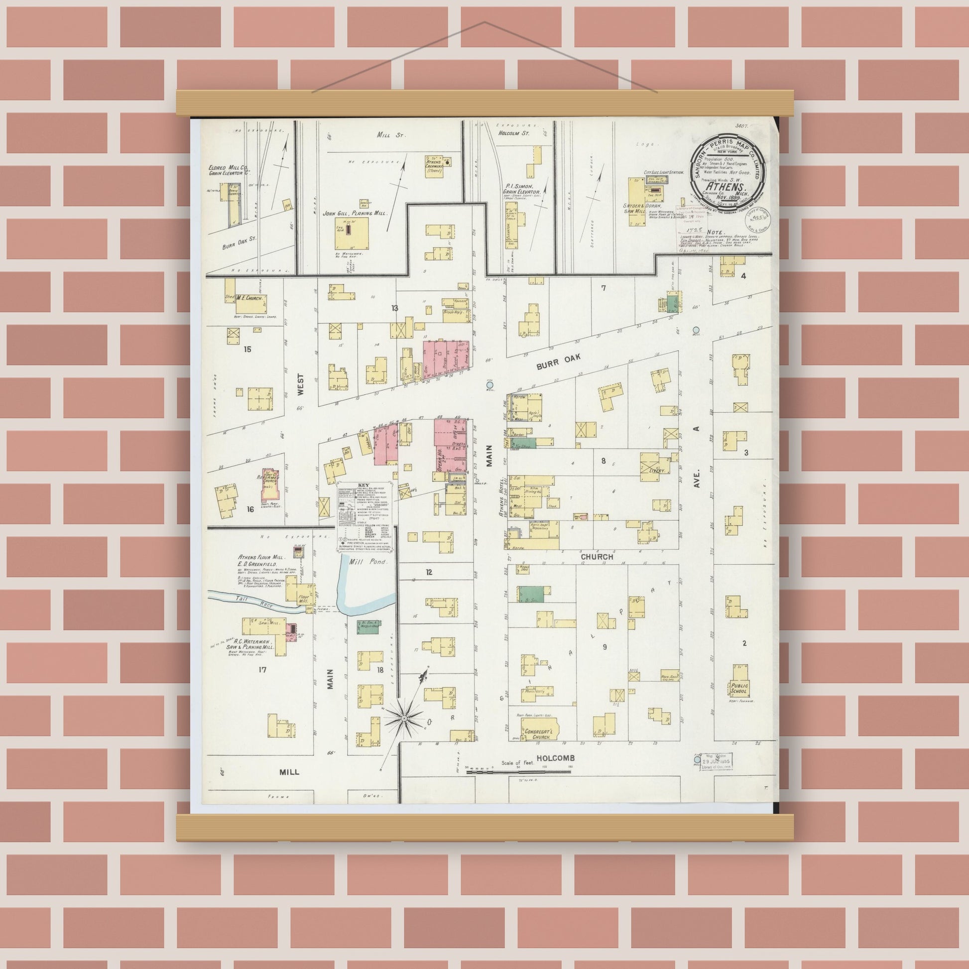 Old map wall art mockup — magnetic wood frame on brick wall — Sanborn Fire Insurance Map from Athens, Calhoun County, Michigan (1899), Sheet #0001