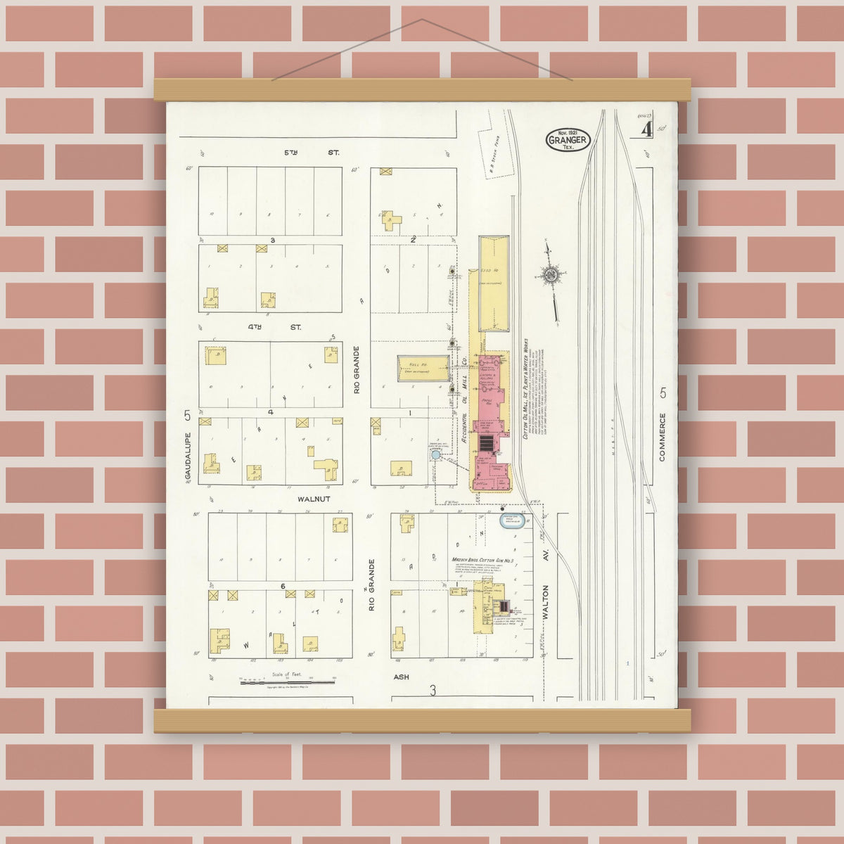 Old map wall art mockup — magnetic wood frame on brick wall — Sanborn Fire Insurance Map from Granger, Williamson County, Texas (1921), Sheet #0004