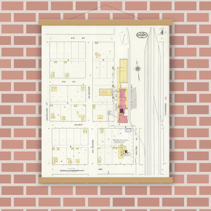 Old map wall art mockup — magnetic wood frame on brick wall — Sanborn Fire Insurance Map from Granger, Williamson County, Texas (1921), Sheet #0004