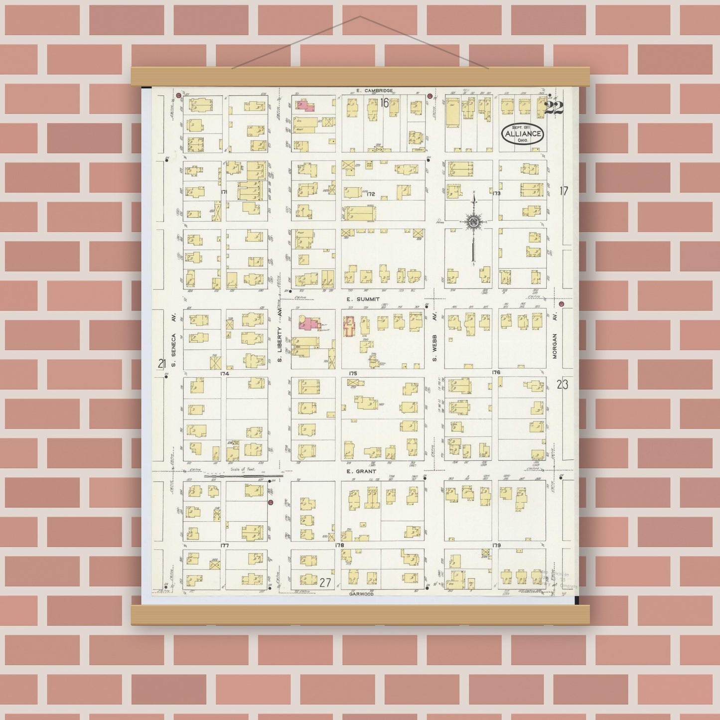 Old map wall art mockup — magnetic wood frame on brick wall — Sanborn Fire Insurance Map from Alliance, Stark County, Ohio (1911), Sheet #0022