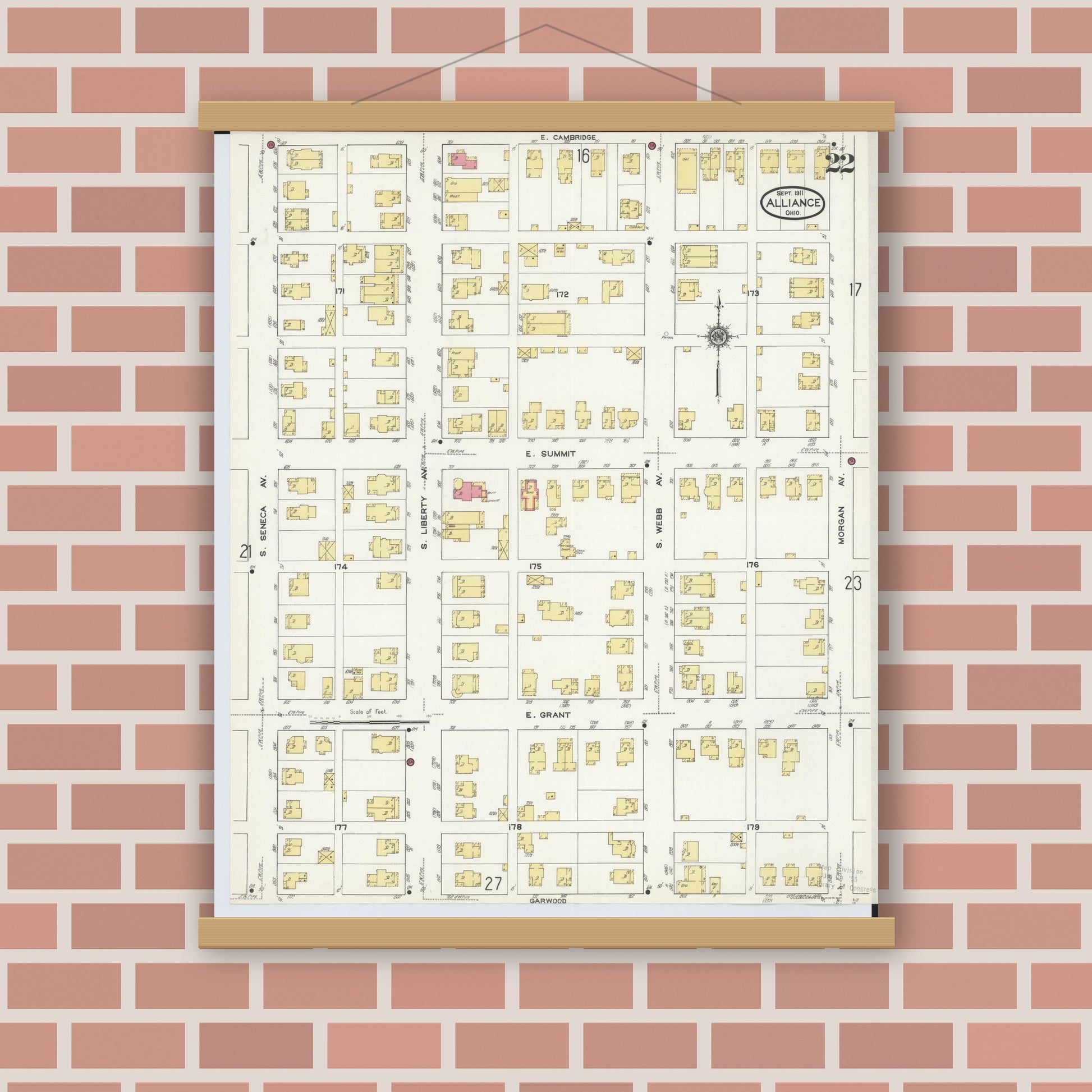 Old map wall art mockup — magnetic wood frame on brick wall — Sanborn Fire Insurance Map from Alliance, Stark County, Ohio (1911), Sheet #0022
