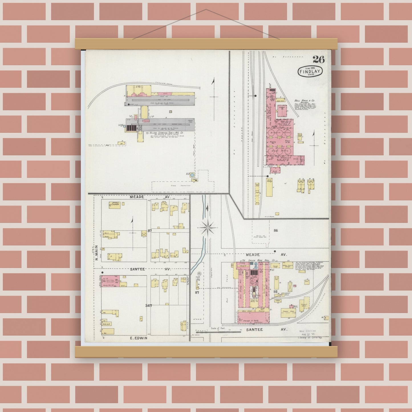 Old map wall art mockup — magnetic wood frame on brick wall — Sanborn Fire Insurance Map from Findlay, Hancock County, Ohio (1895), Sheet #0026