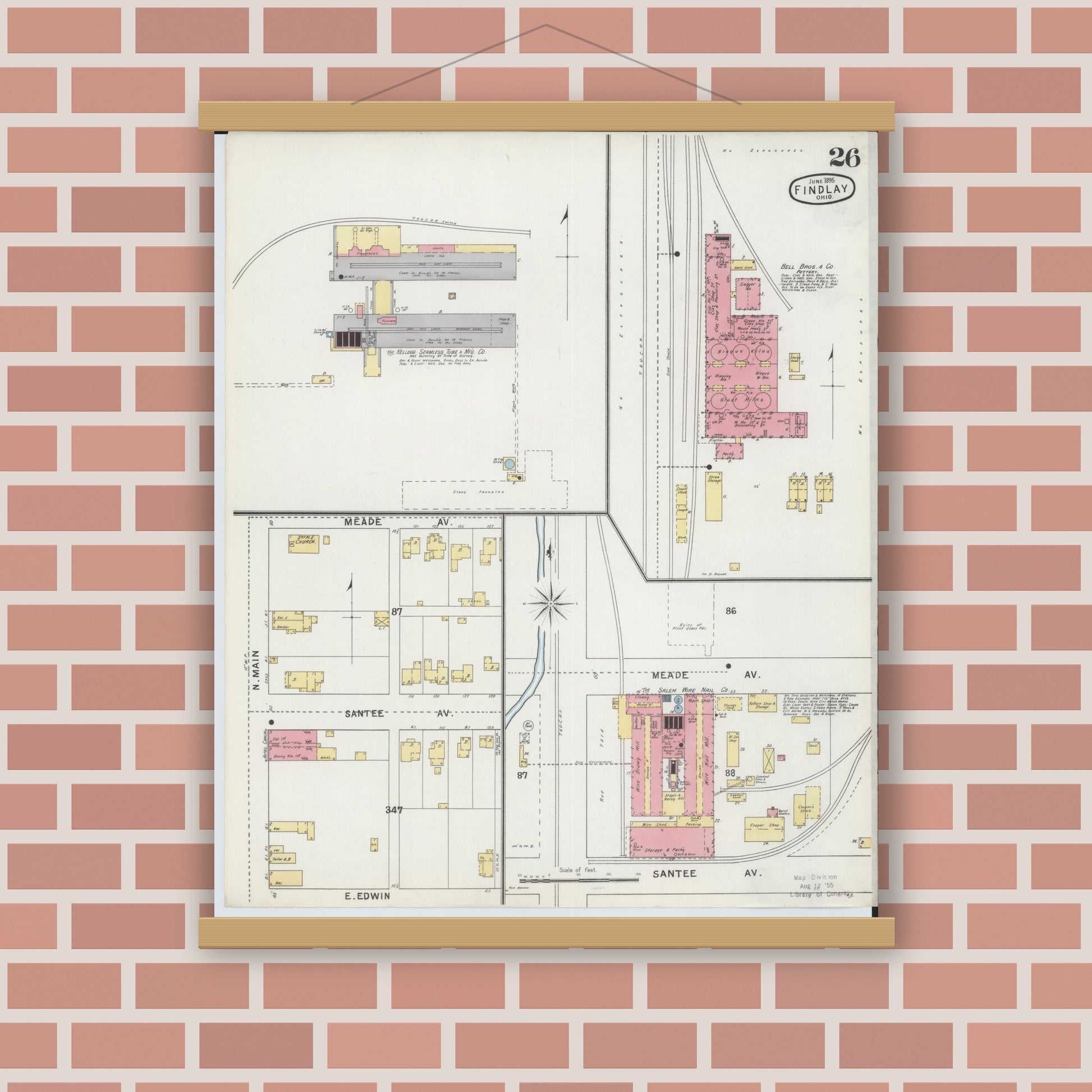 Old map wall art mockup — magnetic wood frame on brick wall — Sanborn Fire Insurance Map from Findlay, Hancock County, Ohio (1895), Sheet #0026