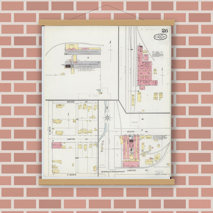 Old map wall art mockup — magnetic wood frame on brick wall — Sanborn Fire Insurance Map from Findlay, Hancock County, Ohio (1895), Sheet #0026