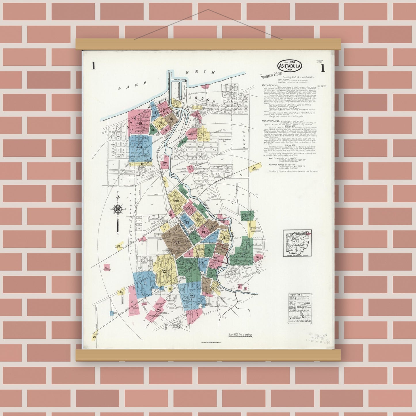 Old map wall art mockup — magnetic wood frame on brick wall — Sanborn Fire Insurance Map from Ashtabula, Ashtabula County, Ohio (1924) - Complete Map Set