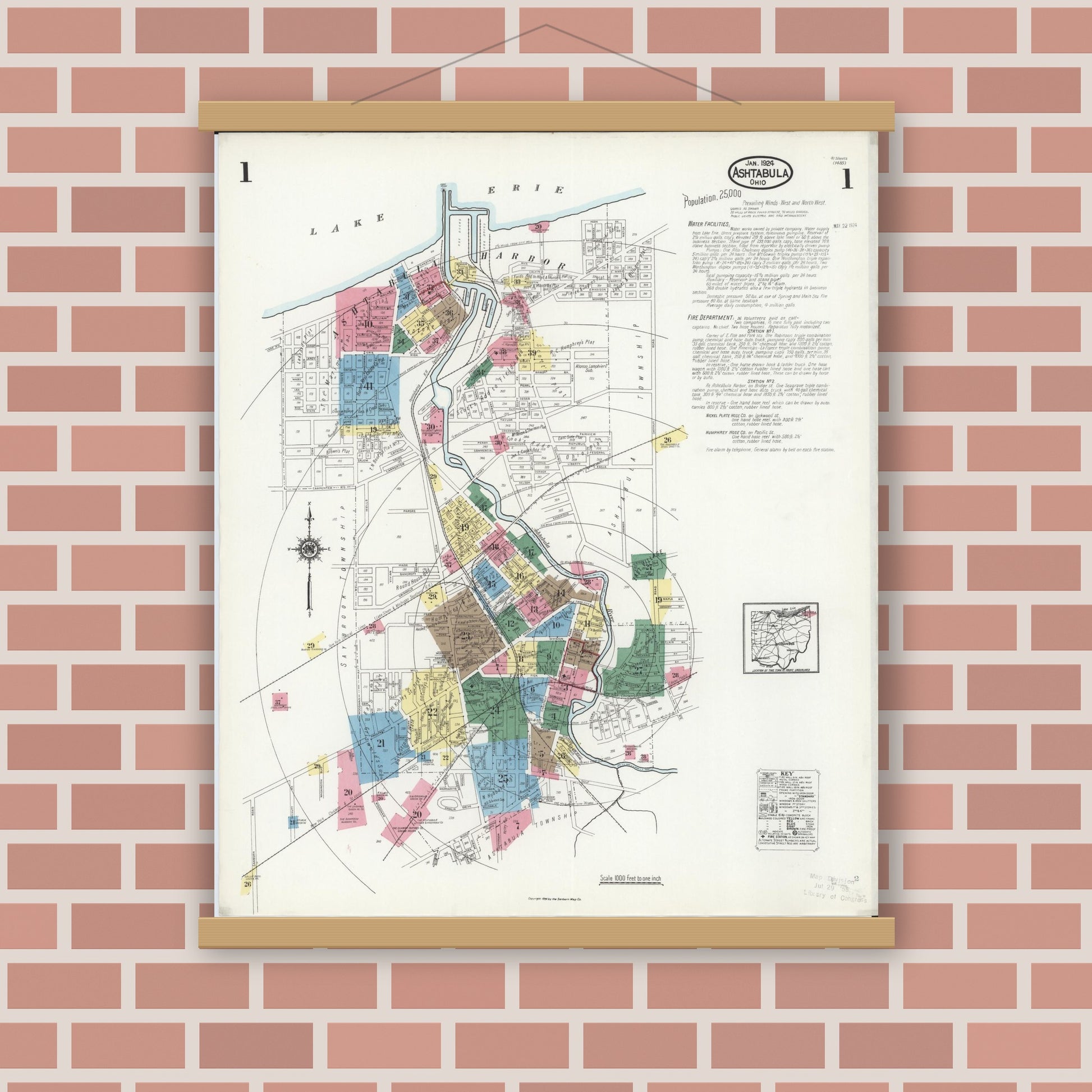 Old map wall art mockup — magnetic wood frame on brick wall — Sanborn Fire Insurance Map from Ashtabula, Ashtabula County, Ohio (1924) - Complete Map Set