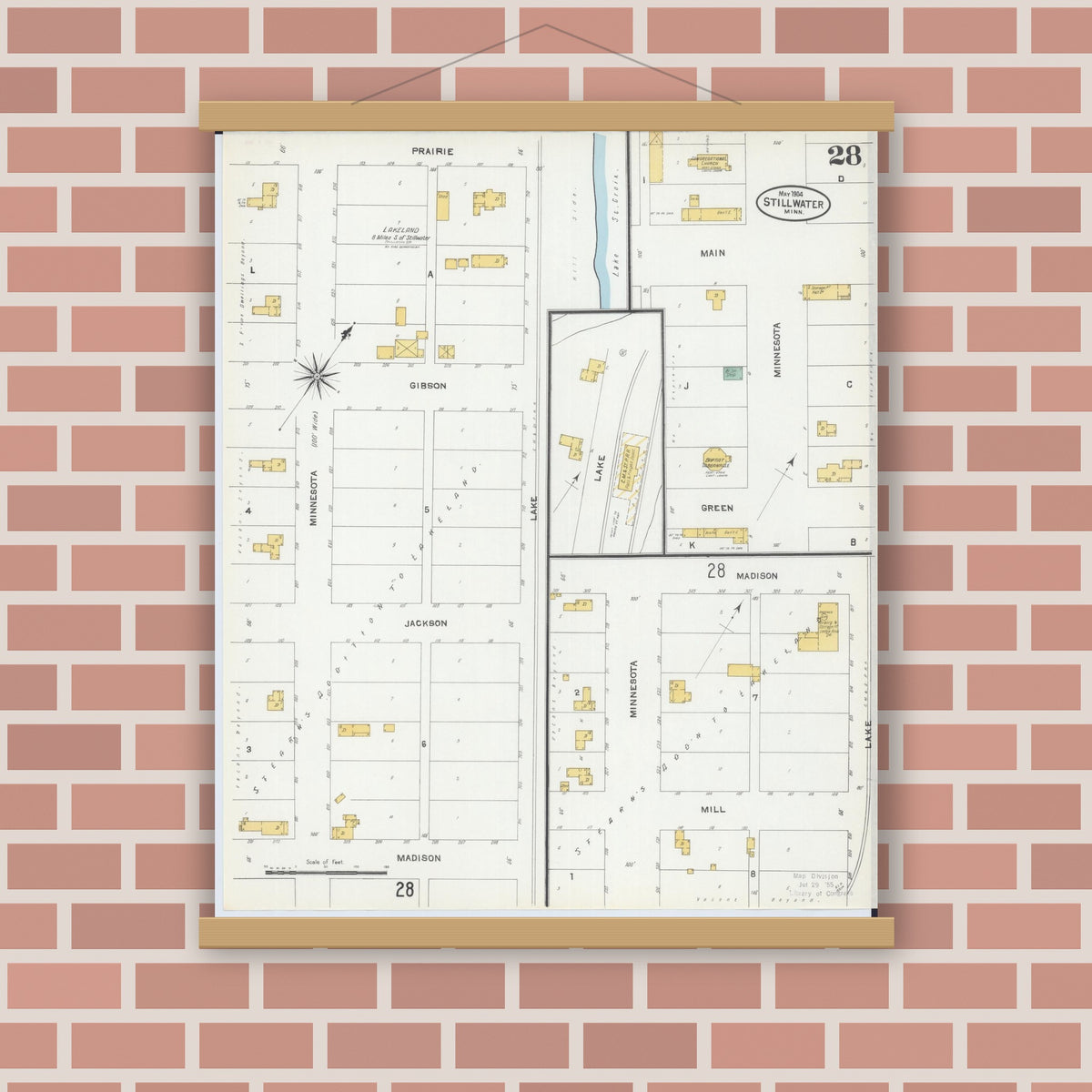 Old map wall art mockup — magnetic wood frame on brick wall — Sanborn Fire Insurance Map from Stillwater, Washington County, Minnesota (1904), Sheet #0028