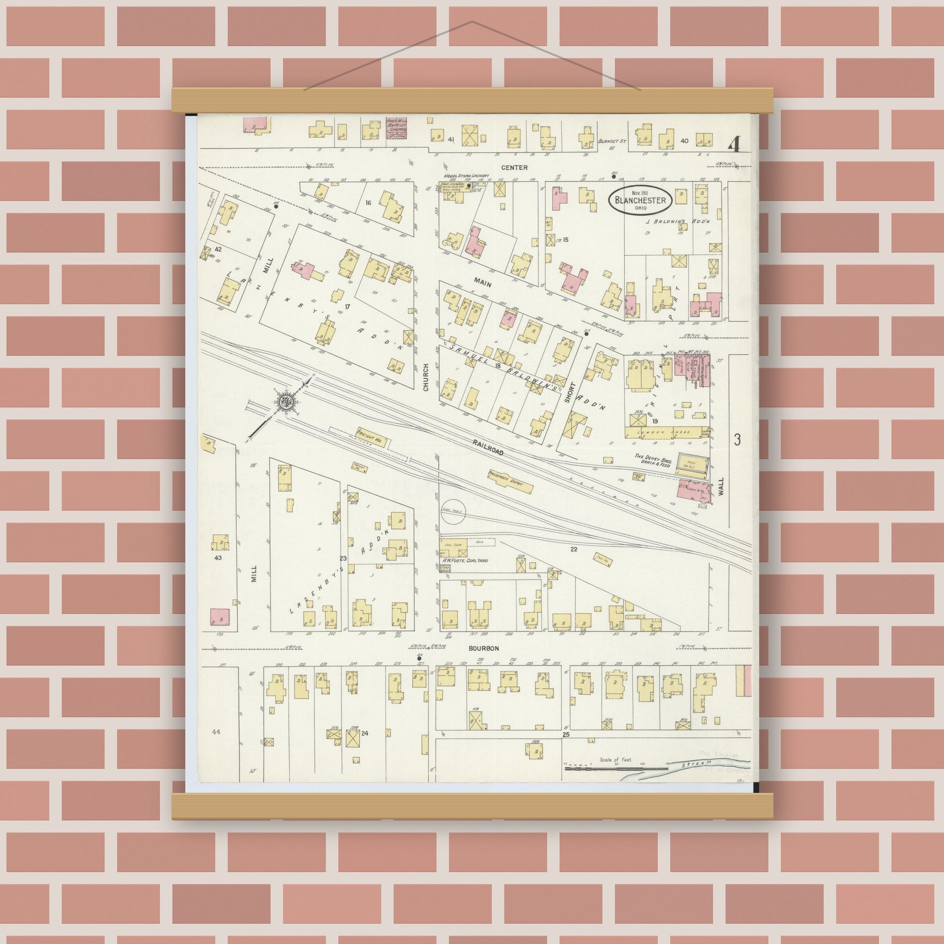 Old map wall art mockup — magnetic wood frame on brick wall — Sanborn Fire Insurance Map from Blanchester, Clinton County, Ohio (1911), Sheet #0004