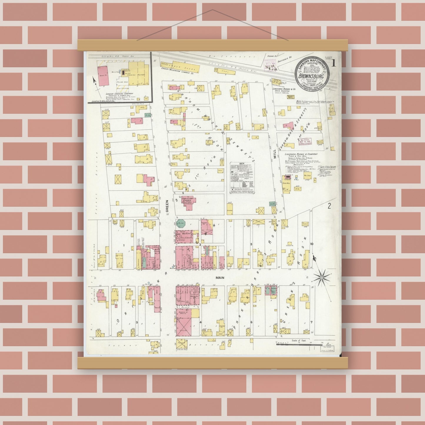 Old map wall art mockup — magnetic wood frame on brick wall — Sanborn Fire Insurance Map from Brownsburg, Hendricks County, Indiana (1909) - Complete Map Set