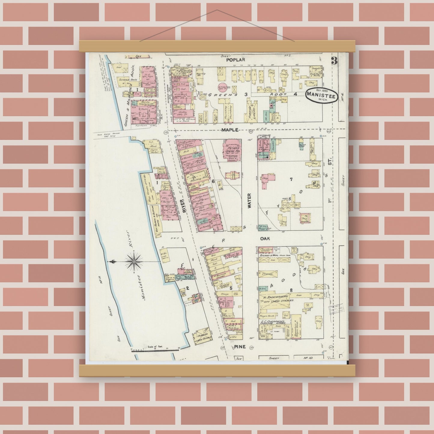 Old map wall art mockup — magnetic wood frame on brick wall — Sanborn Fire Insurance Map from Manistee, Manistee County, Michigan (1890) - Complete Map Set