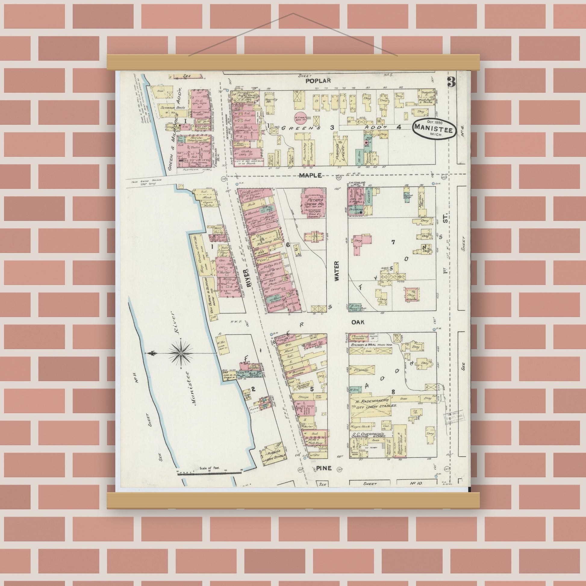 Old map wall art mockup — magnetic wood frame on brick wall — Sanborn Fire Insurance Map from Manistee, Manistee County, Michigan (1890) - Complete Map Set