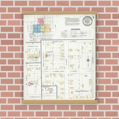 Old map wall art mockup — magnetic wood frame on brick wall — Sanborn Fire Insurance Map from Maroa, Macon County, Illinois (1910), Sheet #0001