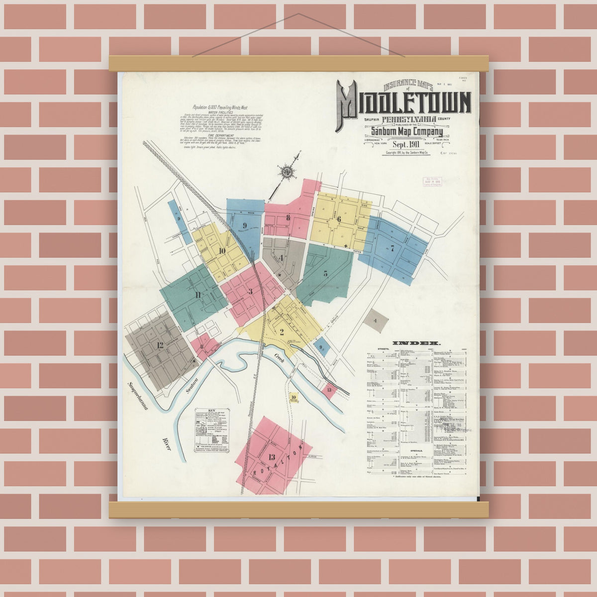 Old map wall art mockup — magnetic wood frame on brick wall — Sanborn Fire Insurance Map from Middletown, Dauphin County, Pennsylvania (1911), Sheet #0001