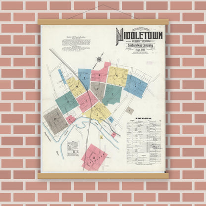 Old map wall art mockup — magnetic wood frame on brick wall — Sanborn Fire Insurance Map from Middletown, Dauphin County, Pennsylvania (1911), Sheet #0001