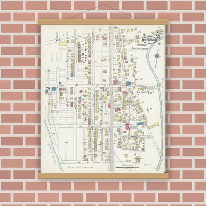 Old map wall art mockup — magnetic wood frame on brick wall — Sanborn Fire Insurance Map from New Kensington, Westmoreland County, Pennsylvania (1921), Sheet #0021
