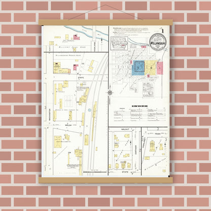 Old map wall art mockup — magnetic wood frame on brick wall — Sanborn Fire Insurance Map from Williamsburg, Iowa County, Iowa (1916) â€” Complete Set