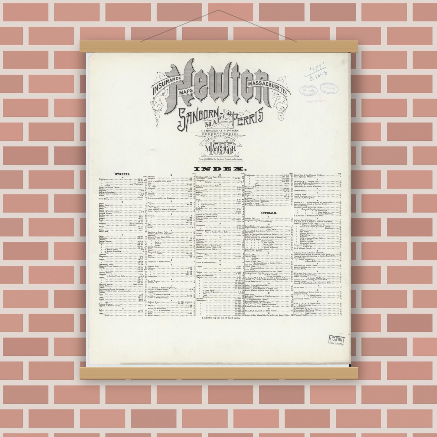 Old map wall art mockup — magnetic wood frame on brick wall — Sanborn Fire Insurance Map from Newton, Middlesex County, Massachusetts (1898), Sheet #0001