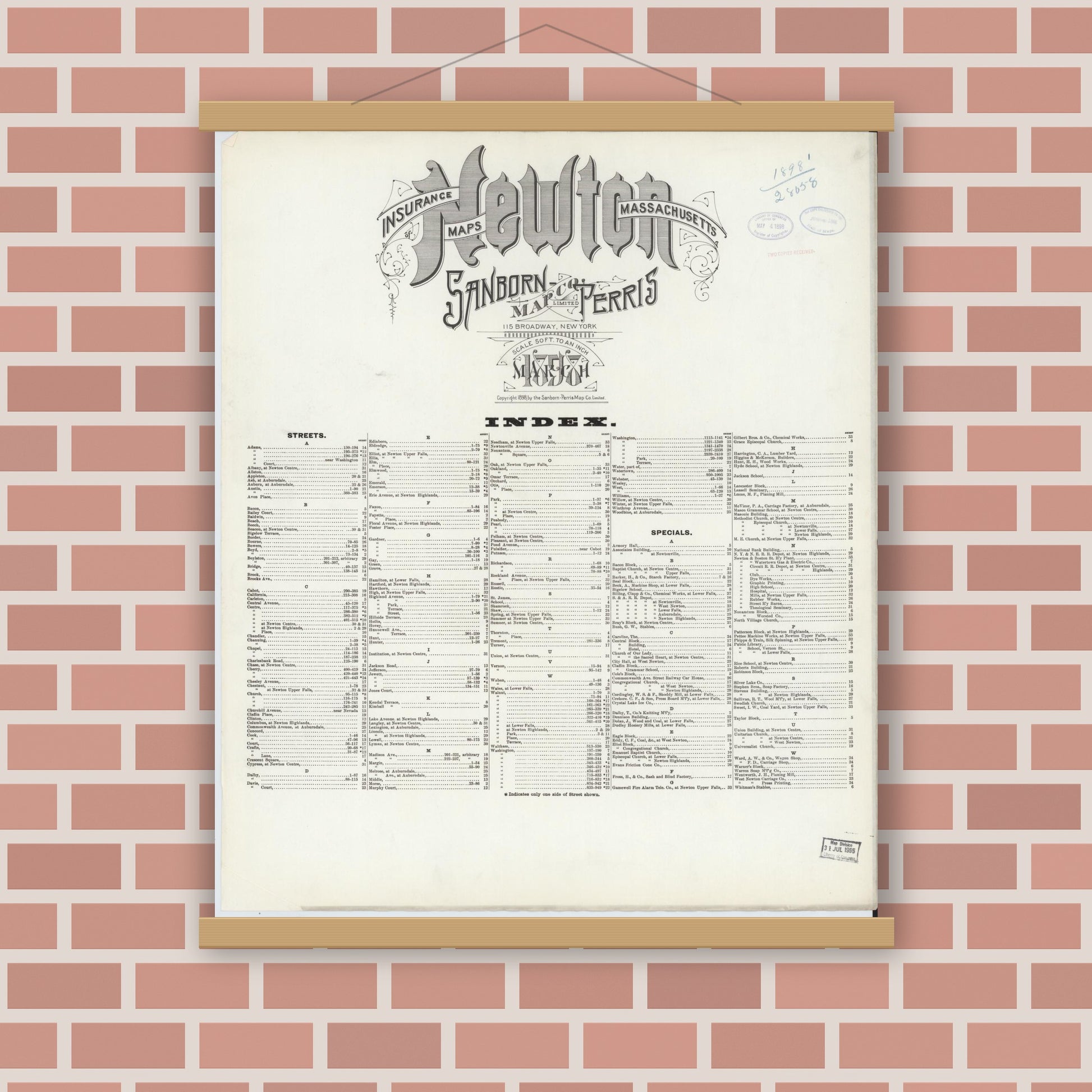 Old map wall art mockup — magnetic wood frame on brick wall — Sanborn Fire Insurance Map from Newton, Middlesex County, Massachusetts (1898), Sheet #0001
