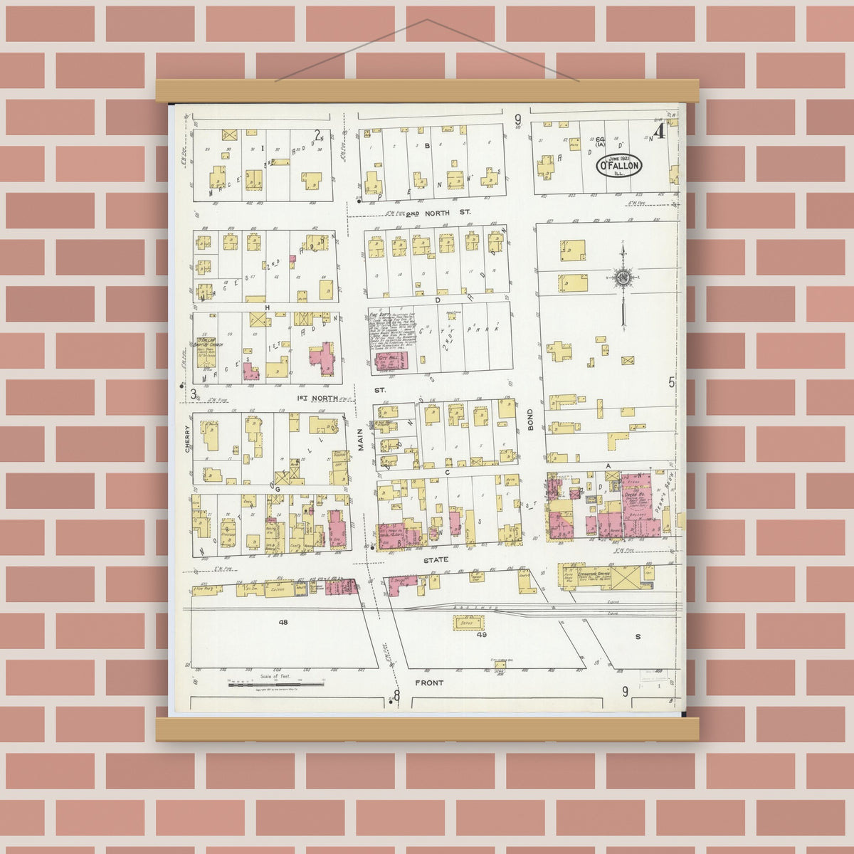 Old map wall art mockup — magnetic wood frame on brick wall — Sanborn Fire Insurance Map from O'Fallon, Saint Clair County, Illinois (1921), Sheet #0004