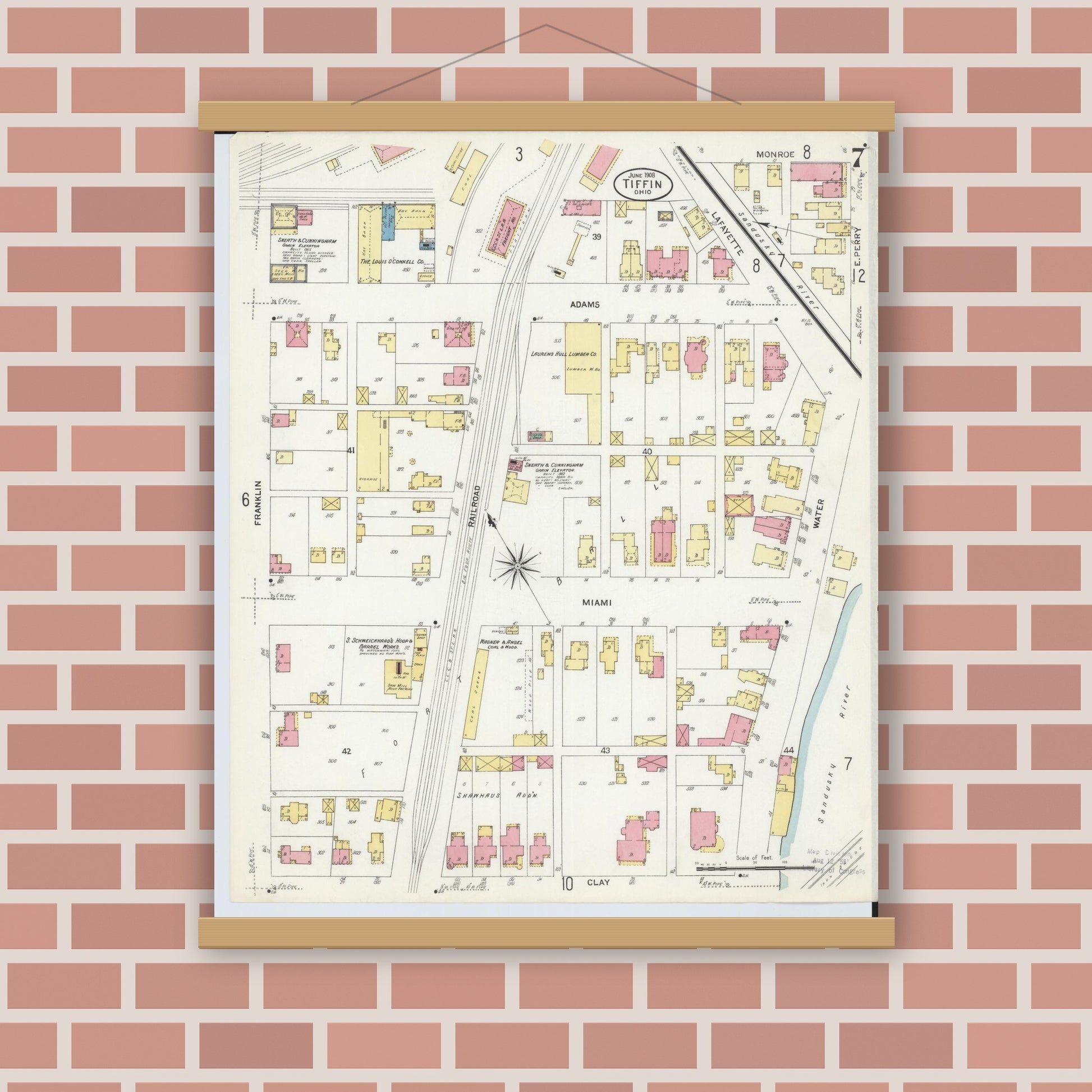 Old map wall art mockup — magnetic wood frame on brick wall — Sanborn Fire Insurance Map from Tiffin, Seneca County, Ohio (1908), Sheet #0007
