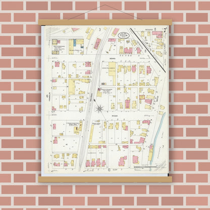 Old map wall art mockup — magnetic wood frame on brick wall — Sanborn Fire Insurance Map from Tiffin, Seneca County, Ohio (1908), Sheet #0007