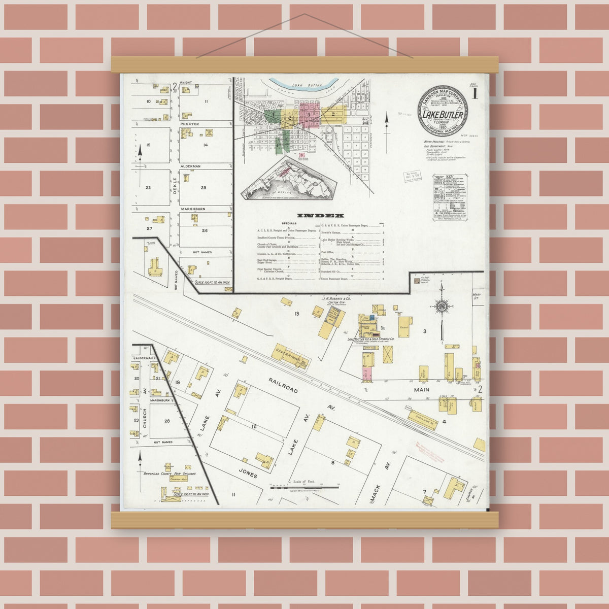 Old map wall art mockup — magnetic wood frame on brick wall — Sanborn Fire Insurance Map from Lake Butler, Union County, Florida (1920) - Complete Map Set