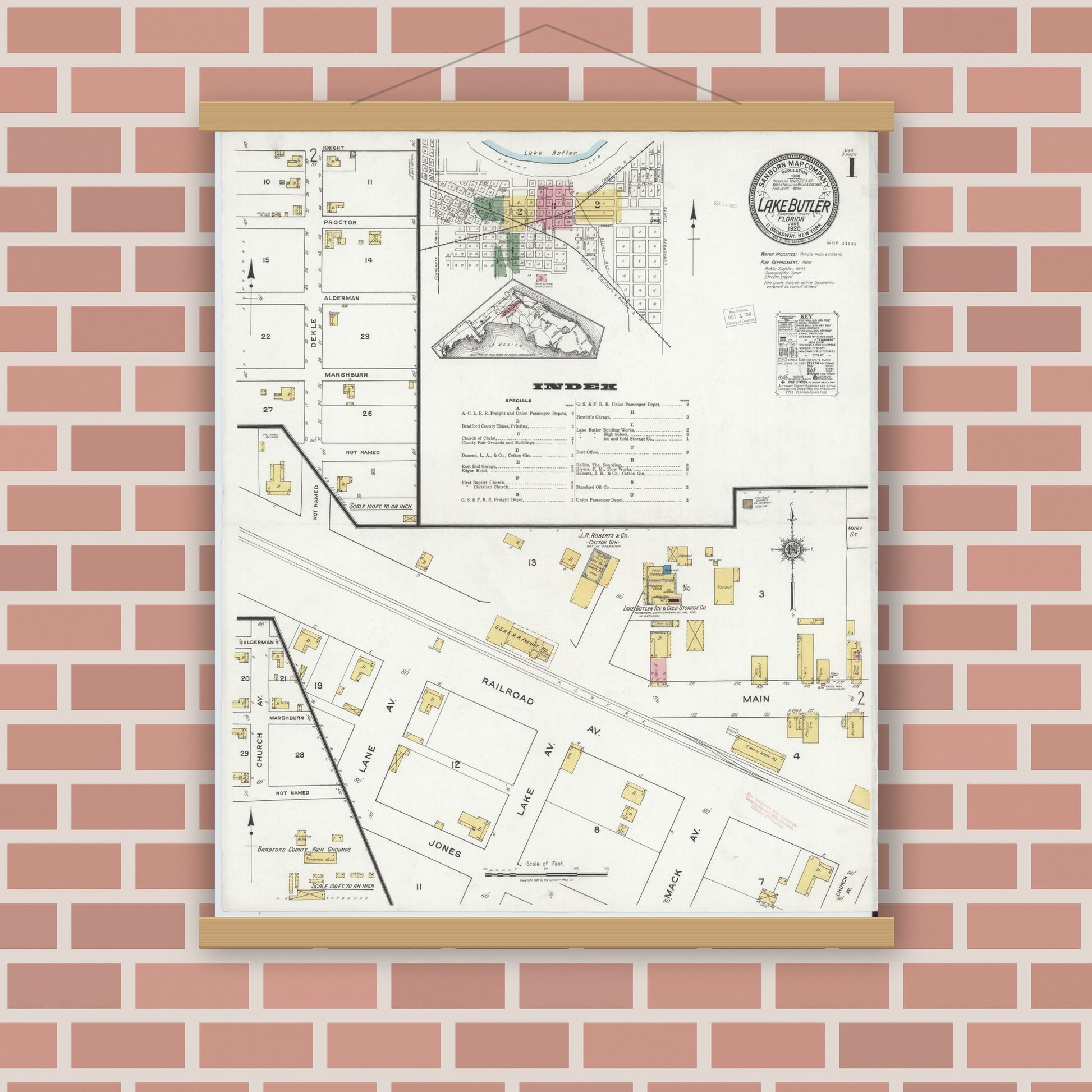 Old map wall art mockup — magnetic wood frame on brick wall — Sanborn Fire Insurance Map from Lake Butler, Union County, Florida (1920) - Complete Map Set