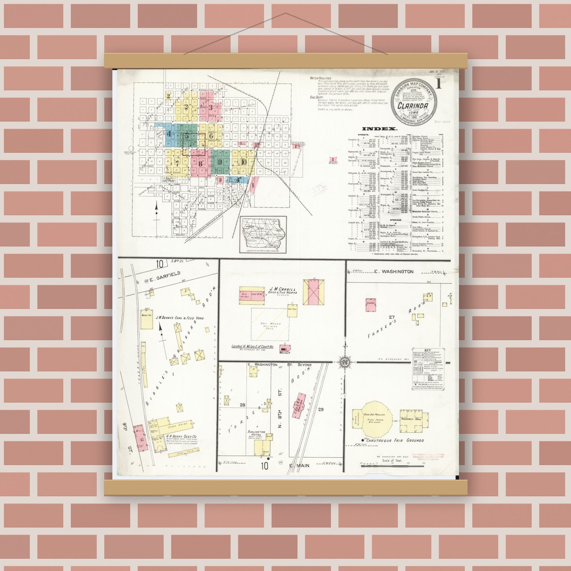 Old map wall art mockup — magnetic wood frame on brick wall — Sanborn Fire Insurance Map from Clarinda, Page County, Iowa (1912), Sheet #0001