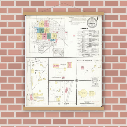 Old map wall art mockup — magnetic wood frame on brick wall — Sanborn Fire Insurance Map from Clarinda, Page County, Iowa (1912), Sheet #0001