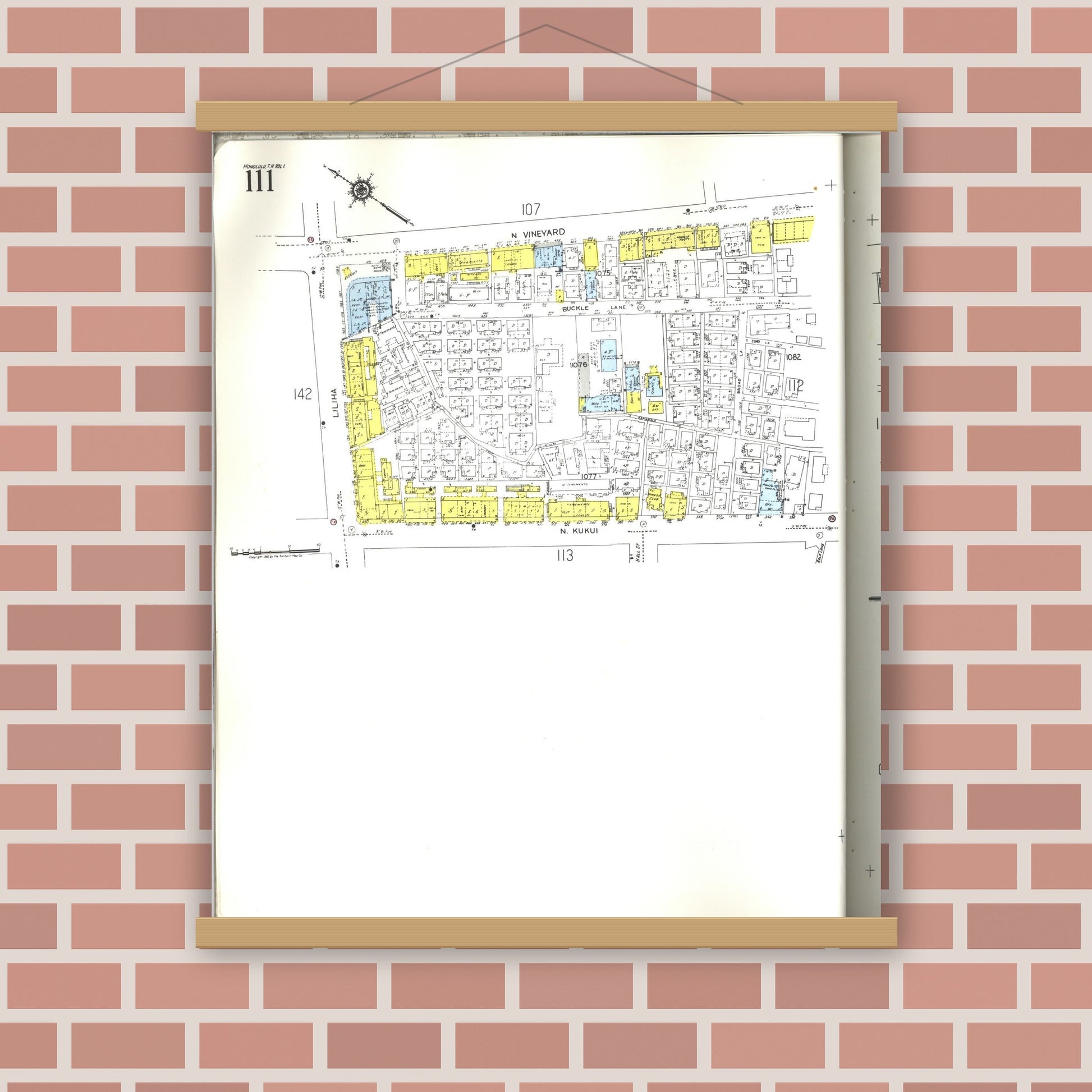 Old map wall art mockup — magnetic wood frame on brick wall — Sanborn Fire Insurance Map from Honolulu, Oahu County, Hawaii (1955), Sheet #0111