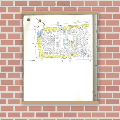 Old map wall art mockup — magnetic wood frame on brick wall — Sanborn Fire Insurance Map from Honolulu, Oahu County, Hawaii (1955), Sheet #0111
