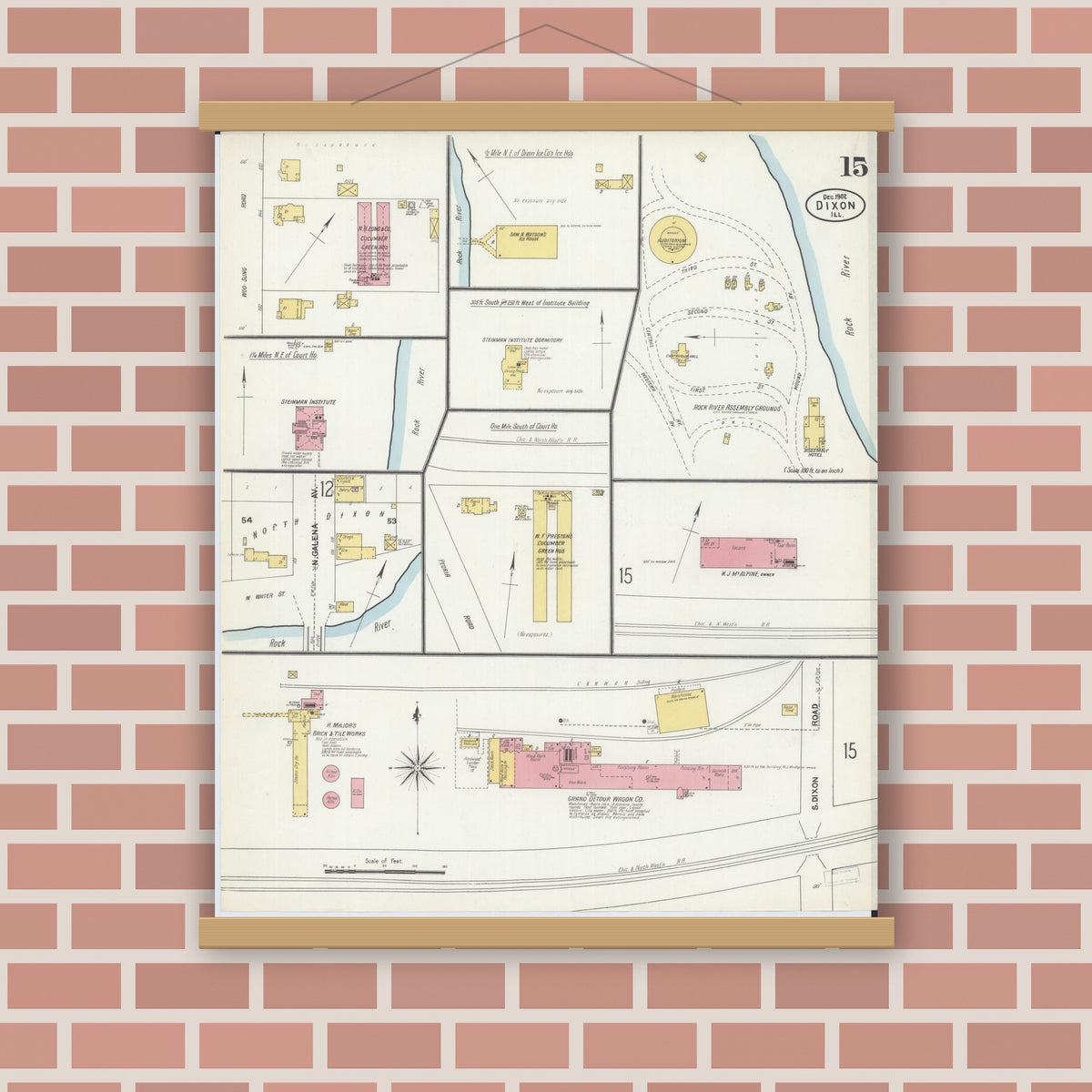 Old map wall art mockup — magnetic wood frame on brick wall — Sanborn Fire Insurance Map from Dixon, Lee County, Illinois (1902), Sheet #0015