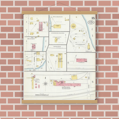 Old map wall art mockup — magnetic wood frame on brick wall — Sanborn Fire Insurance Map from Dixon, Lee County, Illinois (1902), Sheet #0015