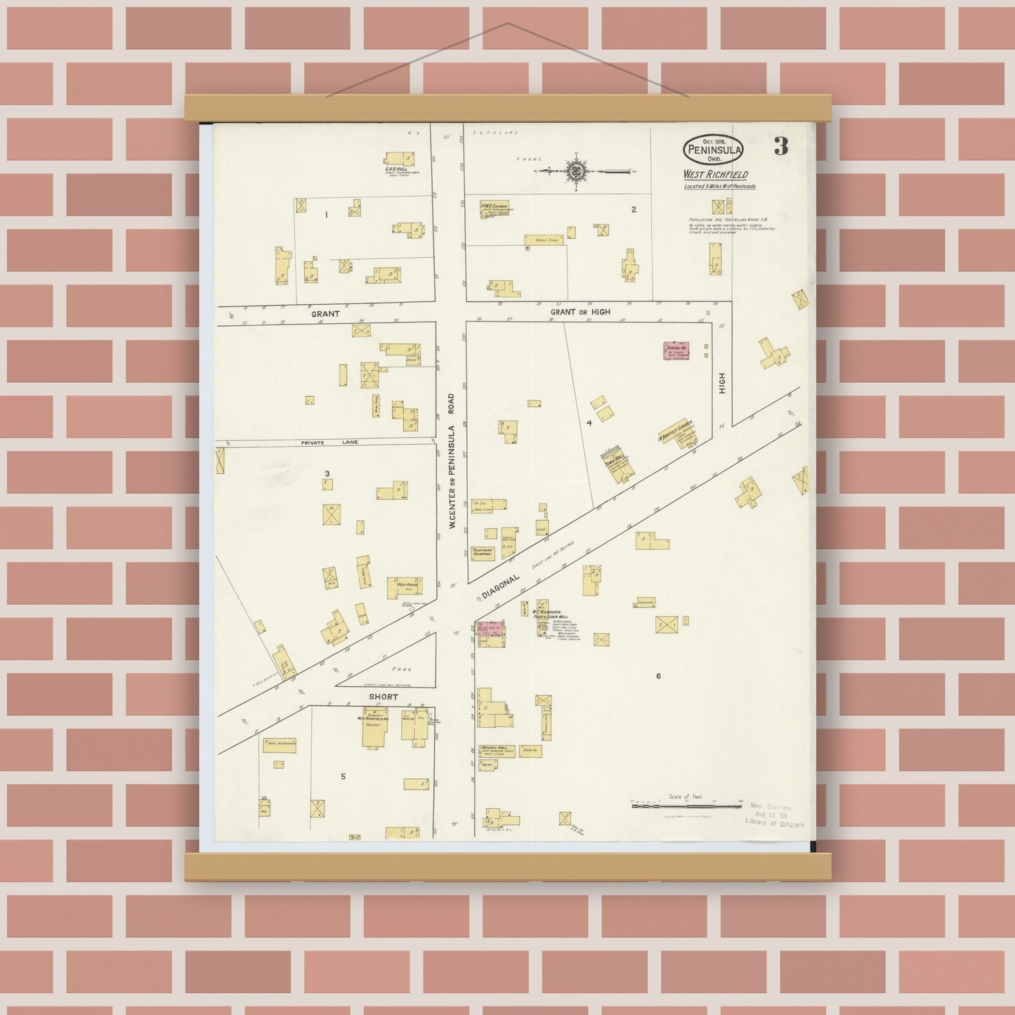 Old map wall art mockup — magnetic wood frame on brick wall — Sanborn Fire Insurance Map from Peninsula, Summit County, Ohio (1916), Sheet #0003