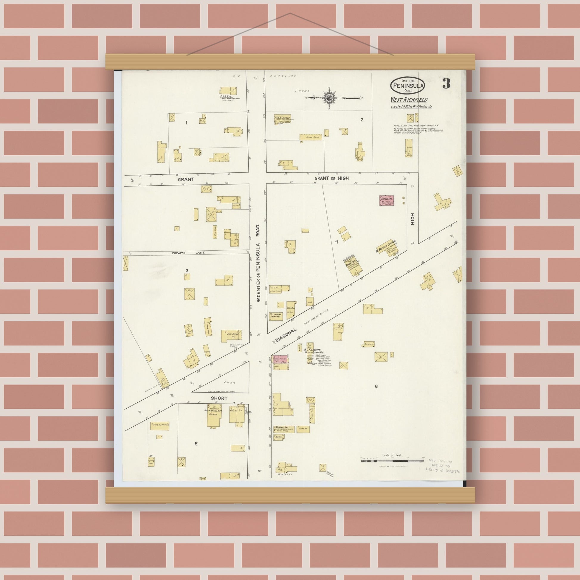 Old map wall art mockup — magnetic wood frame on brick wall — Sanborn Fire Insurance Map from Peninsula, Summit County, Ohio (1916), Sheet #0003