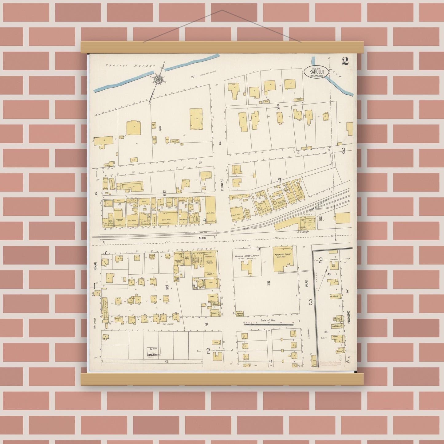 Old map wall art mockup — magnetic wood frame on brick wall — Sanborn Fire Insurance Map from Kahului, Maui County, Hawaii (1914), Sheet #0002