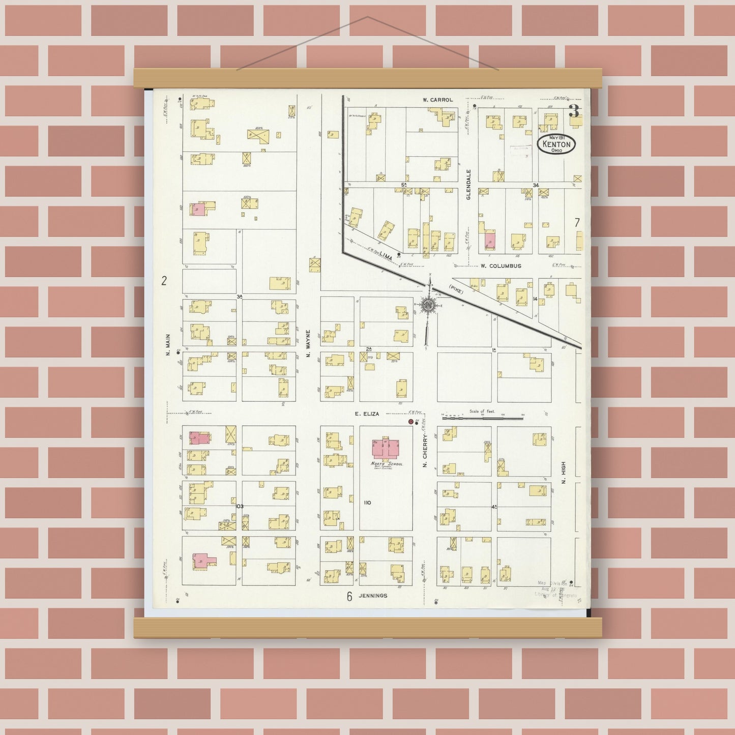 Old map wall art mockup — magnetic wood frame on brick wall — Sanborn Fire Insurance Map from Kenton, Hardin County, Ohio (1911), Sheet #0003