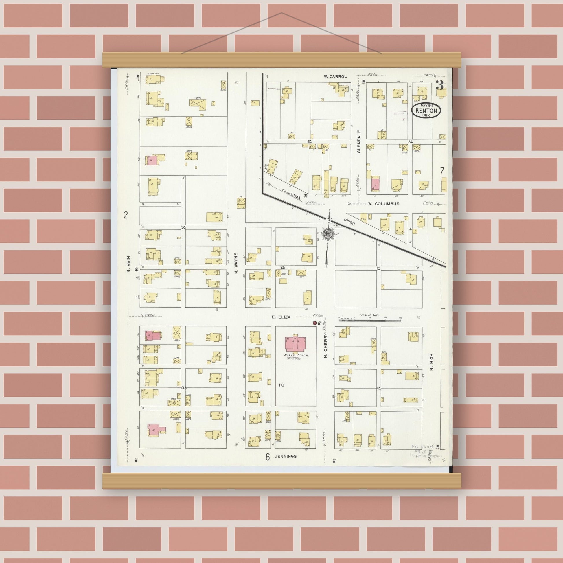 Old map wall art mockup — magnetic wood frame on brick wall — Sanborn Fire Insurance Map from Kenton, Hardin County, Ohio (1911), Sheet #0003