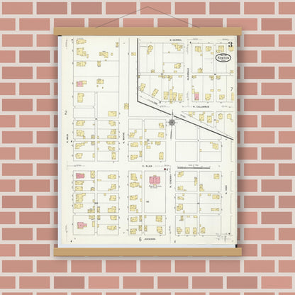 Old map wall art mockup — magnetic wood frame on brick wall — Sanborn Fire Insurance Map from Kenton, Hardin County, Ohio (1911), Sheet #0003