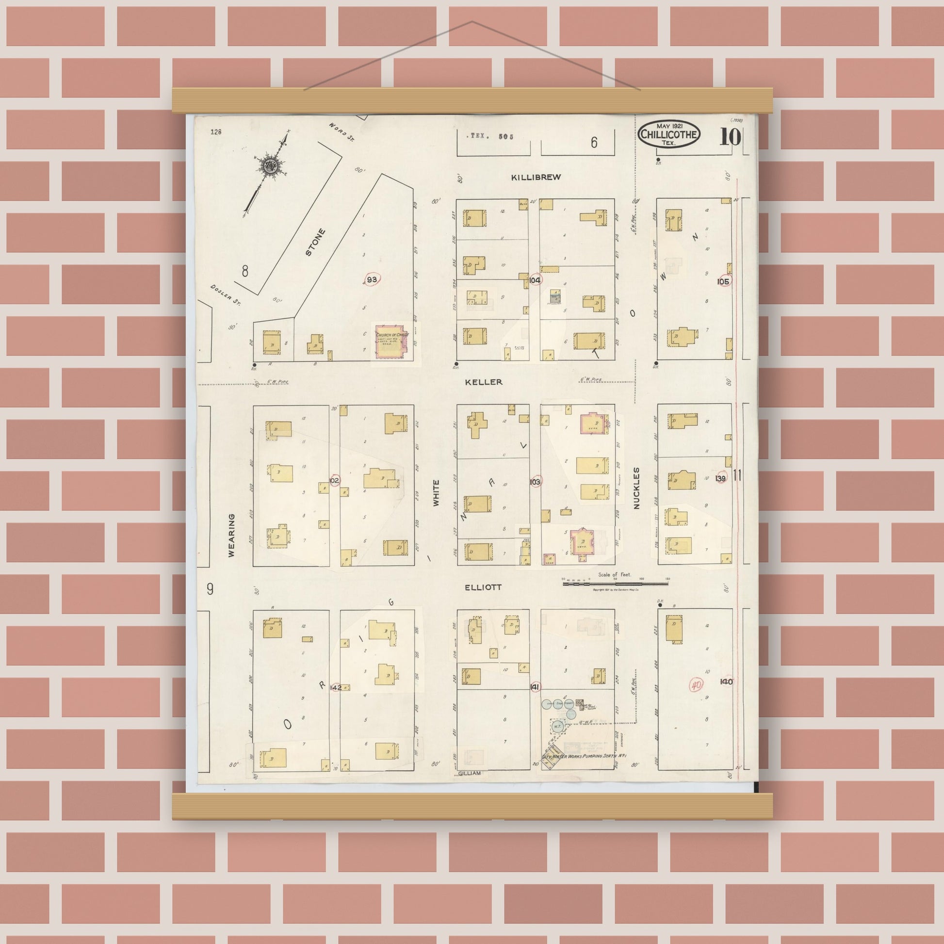 Old map wall art mockup — magnetic wood frame on brick wall — Sanborn Fire Insurance Map from Chillicothe, Hardeman County, Texas (1941), Sheet #0010
