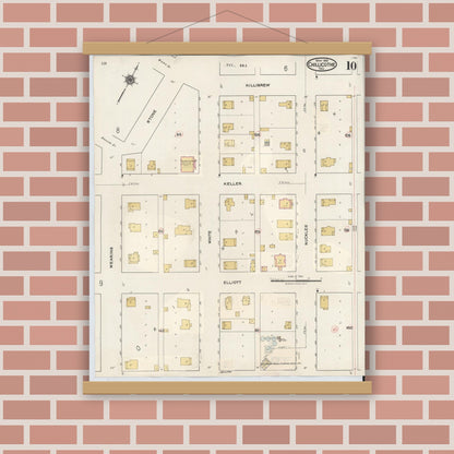 Old map wall art mockup — magnetic wood frame on brick wall — Sanborn Fire Insurance Map from Chillicothe, Hardeman County, Texas (1941), Sheet #0010