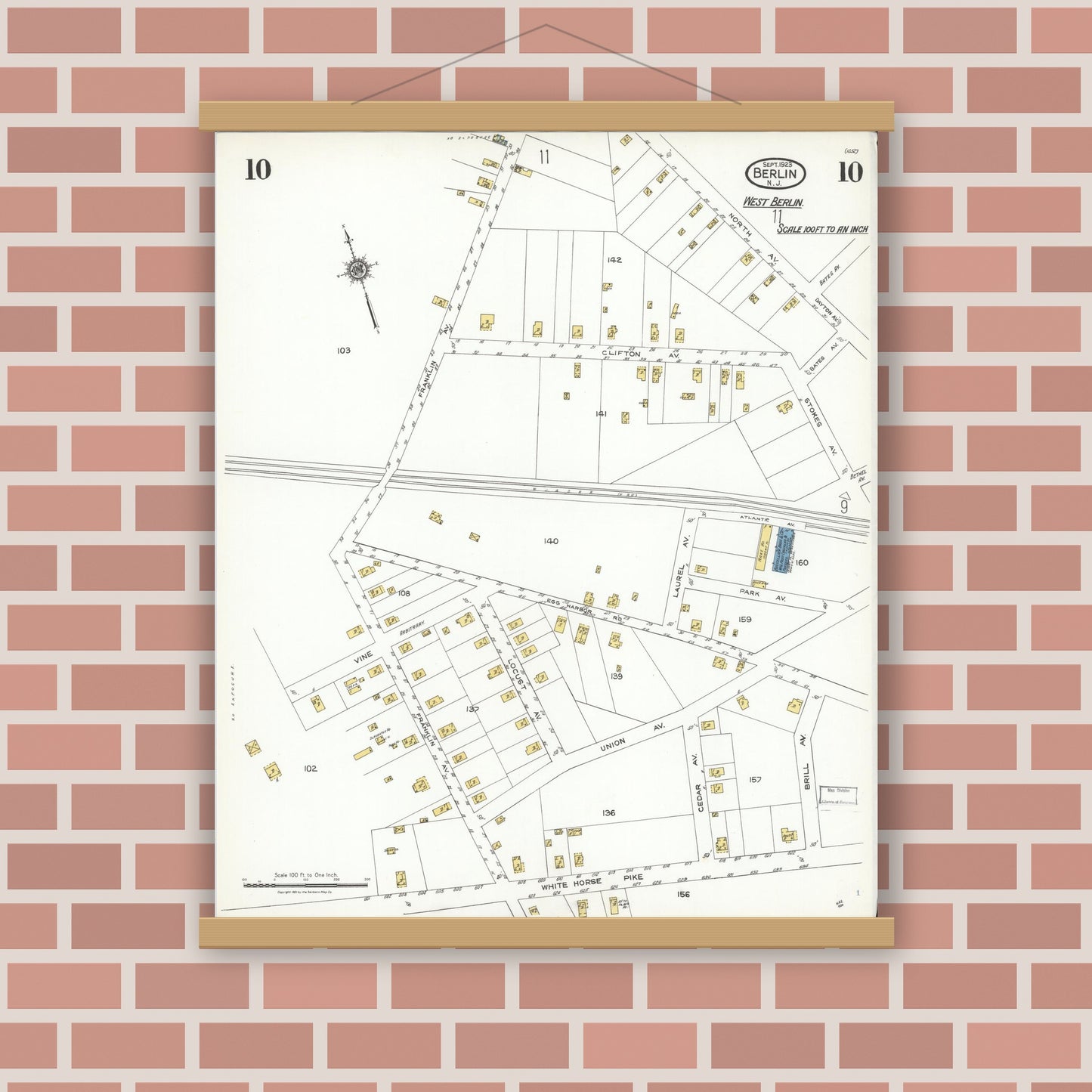 Old map wall art mockup — magnetic wood frame on brick wall — Sanborn Fire Insurance Map from Berlin, Camden County, New Jersey (1923), Sheet #0010