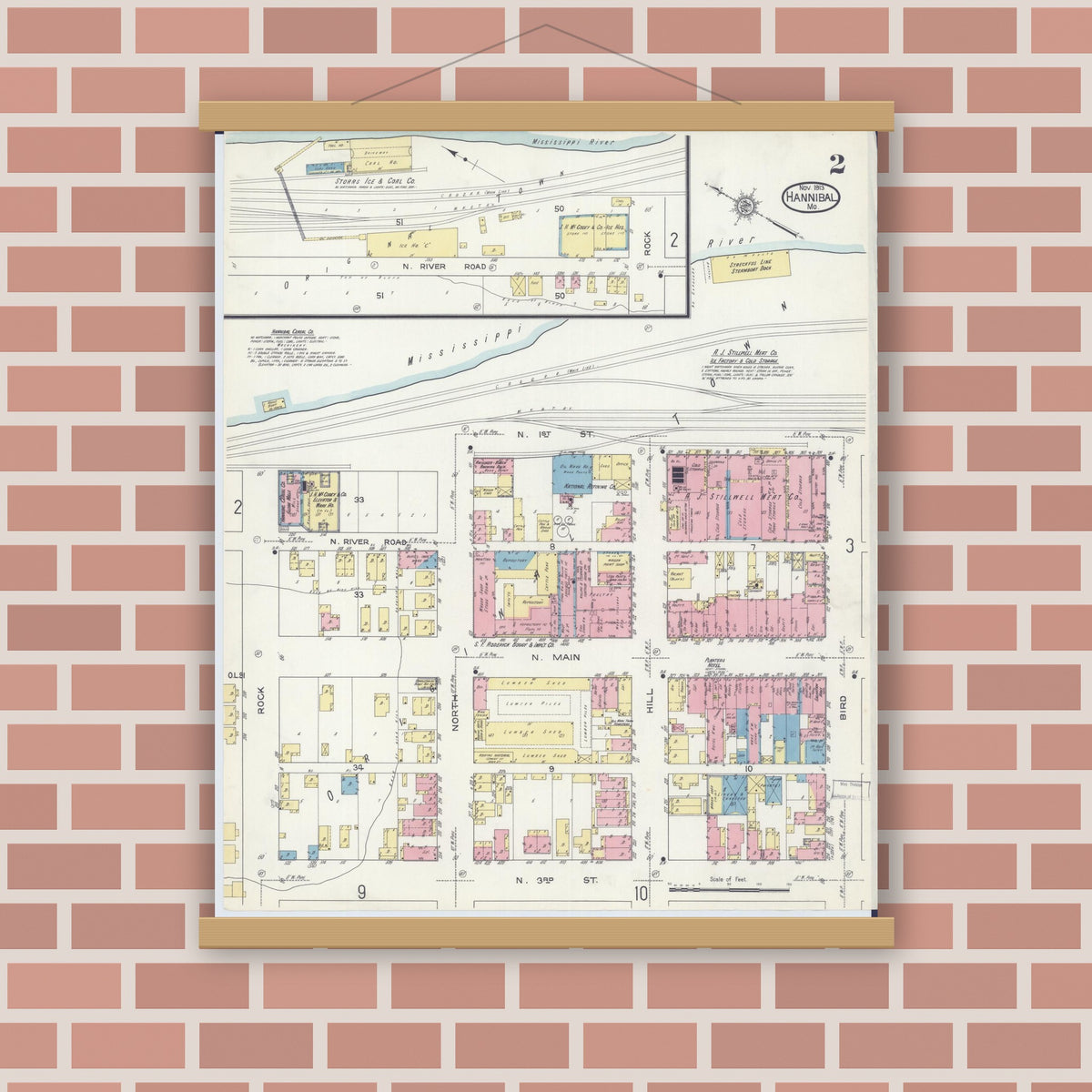 Old map wall art mockup — magnetic wood frame on brick wall — Sanborn Fire Insurance Map from Hannibal, Marion County, Missouri (1913), Sheet #0002