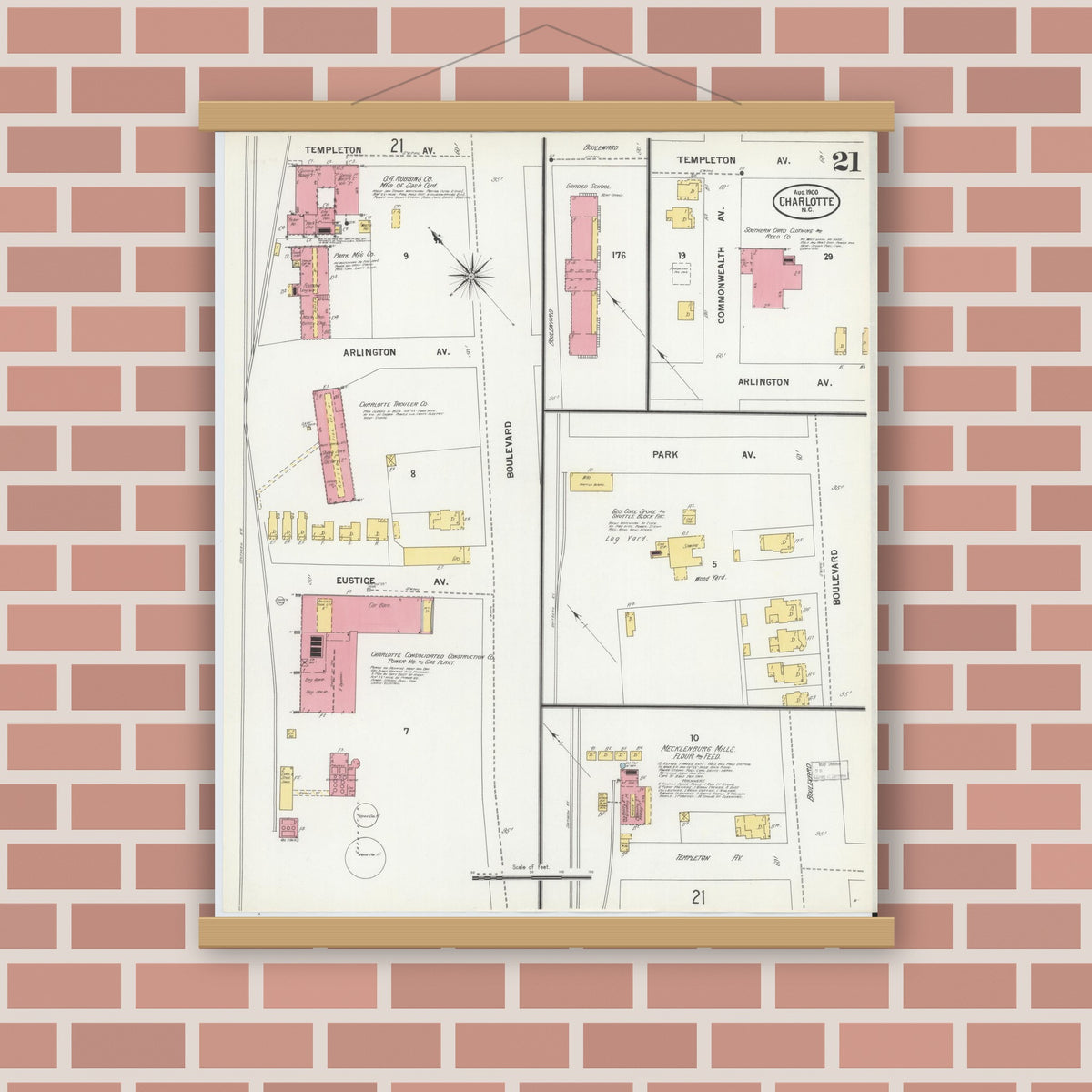 Old map wall art mockup — magnetic wood frame on brick wall — Sanborn Fire Insurance Map from Charlotte, Mecklenburg County, North Carolina (1900), Sheet #0021