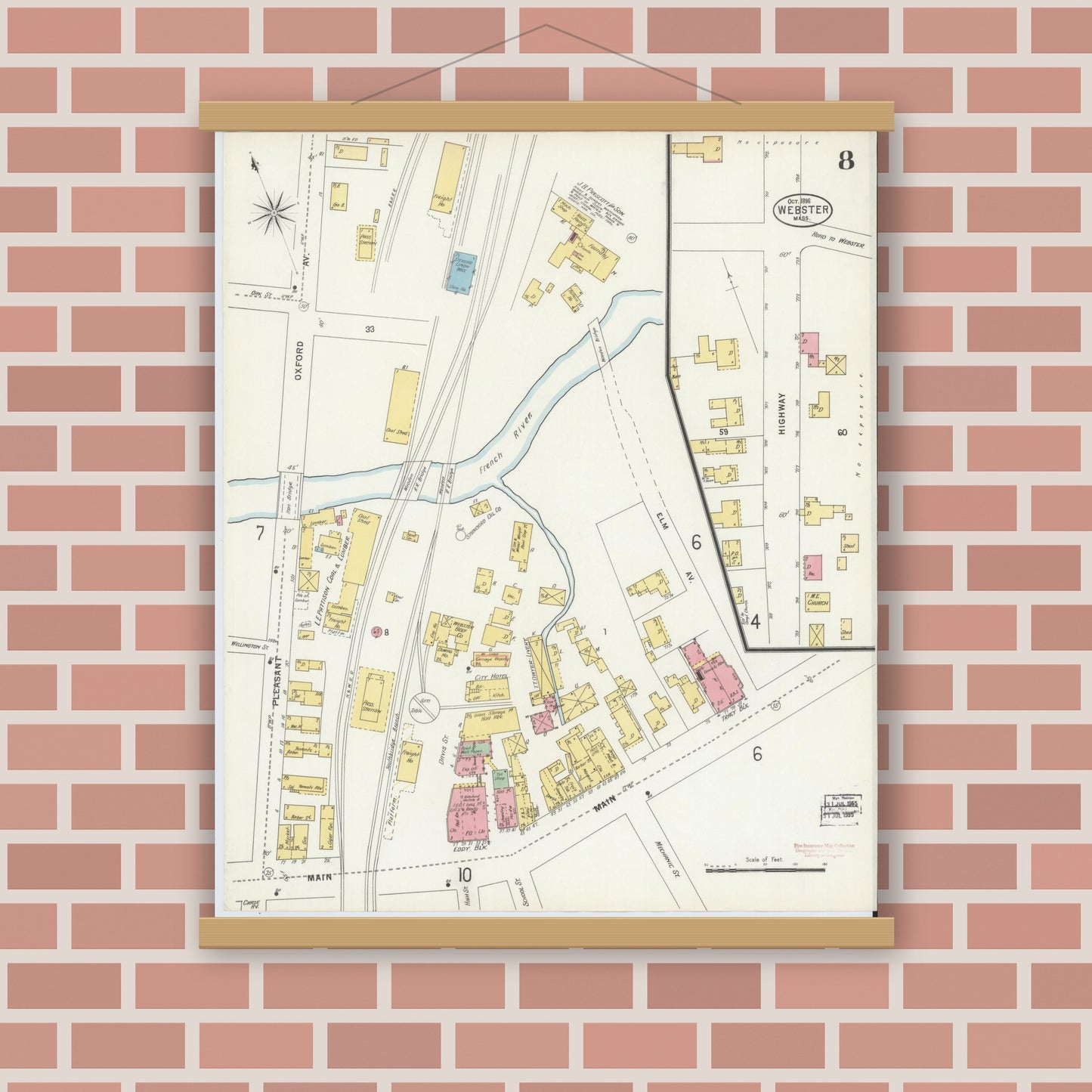 Old map wall art mockup — magnetic wood frame on brick wall — Sanborn Fire Insurance Map from Webster, Worcester County, Massachusetts (1898), Sheet #0008