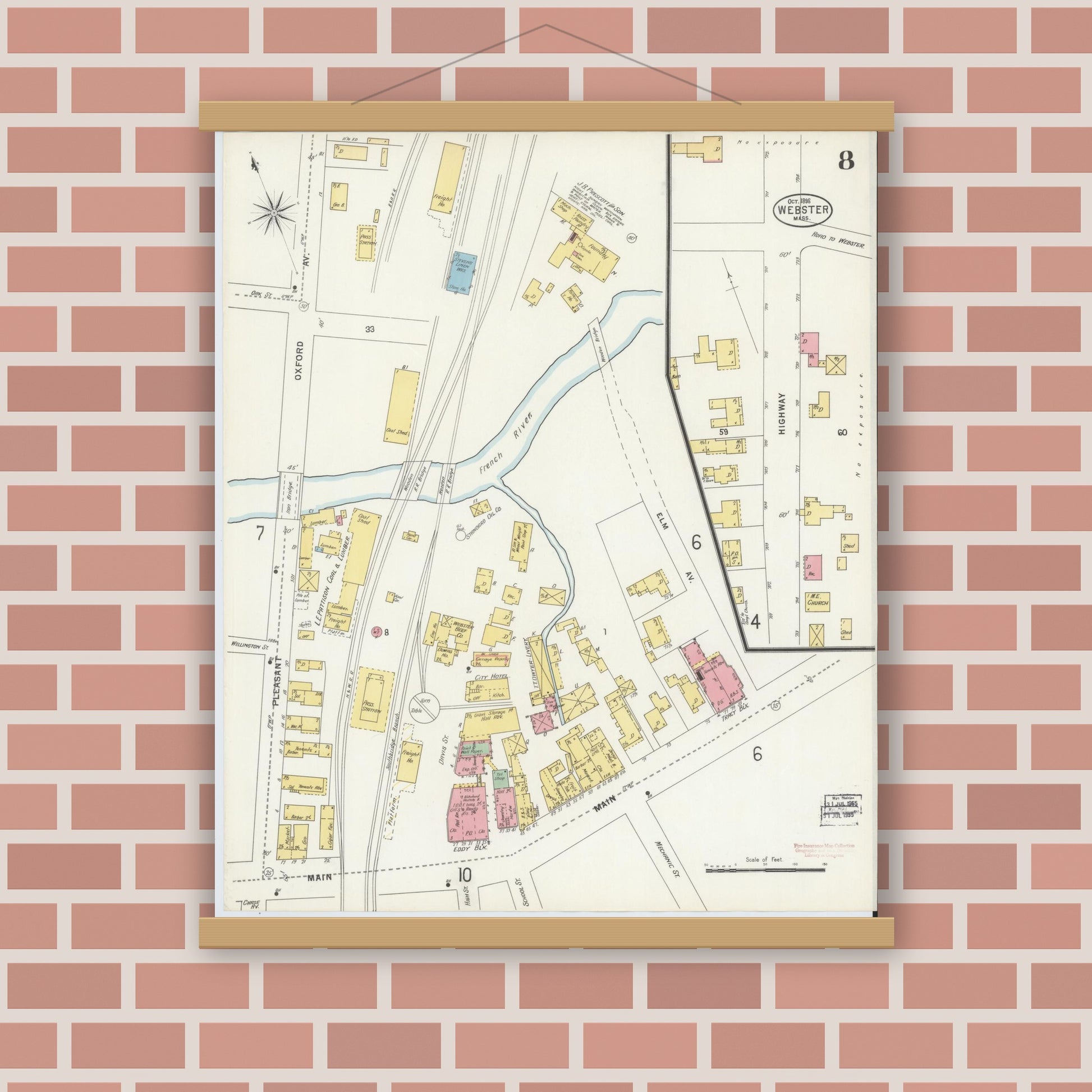 Old map wall art mockup — magnetic wood frame on brick wall — Sanborn Fire Insurance Map from Webster, Worcester County, Massachusetts (1898), Sheet #0008