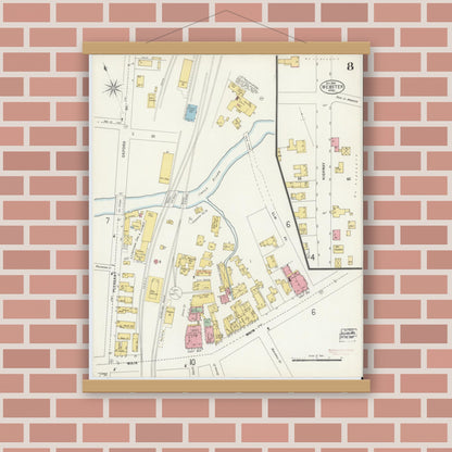 Old map wall art mockup — magnetic wood frame on brick wall — Sanborn Fire Insurance Map from Webster, Worcester County, Massachusetts (1898), Sheet #0008