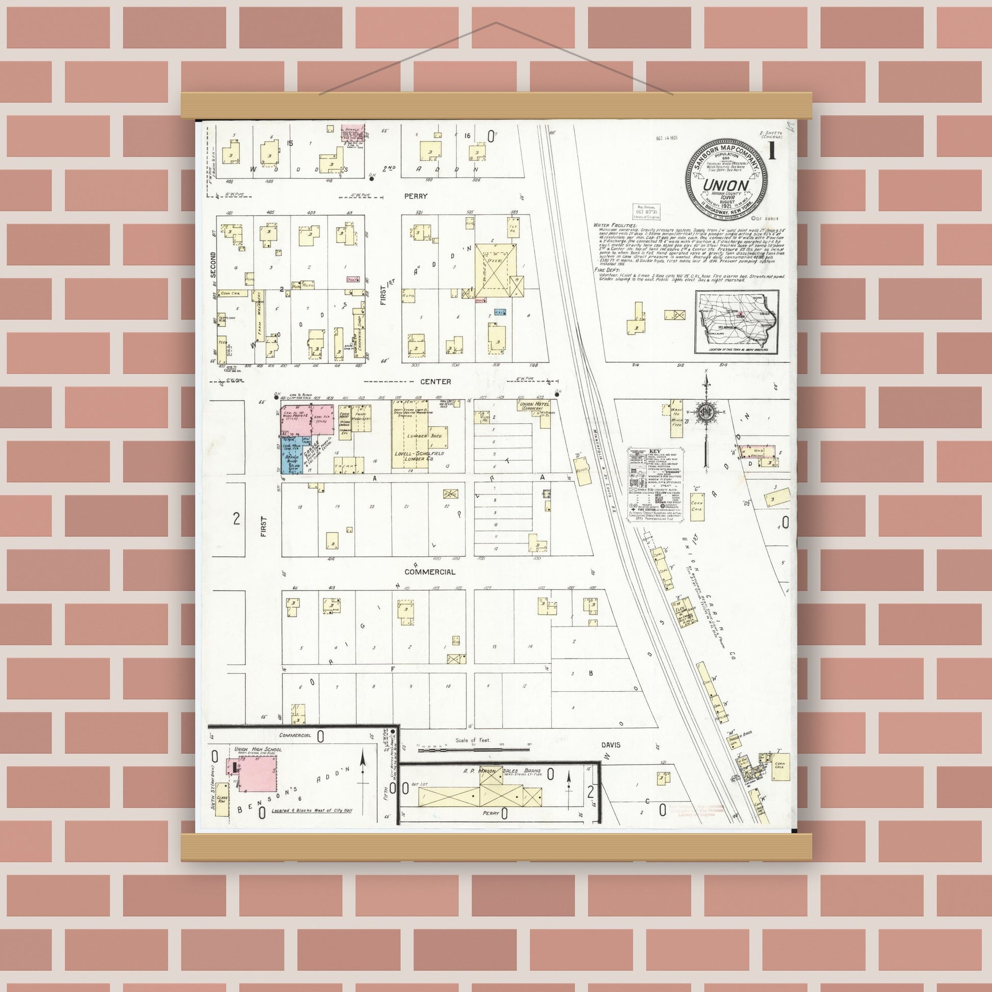 Old map wall art mockup — magnetic wood frame on brick wall — Sanborn Fire Insurance Map from Union, Hardin County, Iowa (1921) â€” Complete Set
