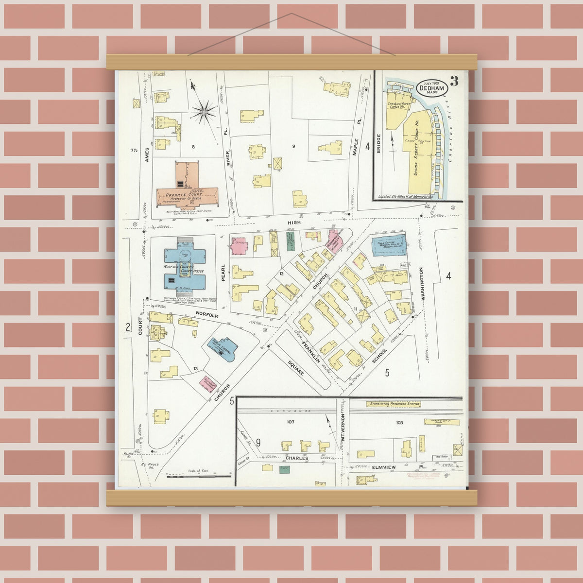 Old map wall art mockup — magnetic wood frame on brick wall — Sanborn Fire Insurance Map from Dedham, Norfolk County, Massachusetts (1909), Sheet #0003