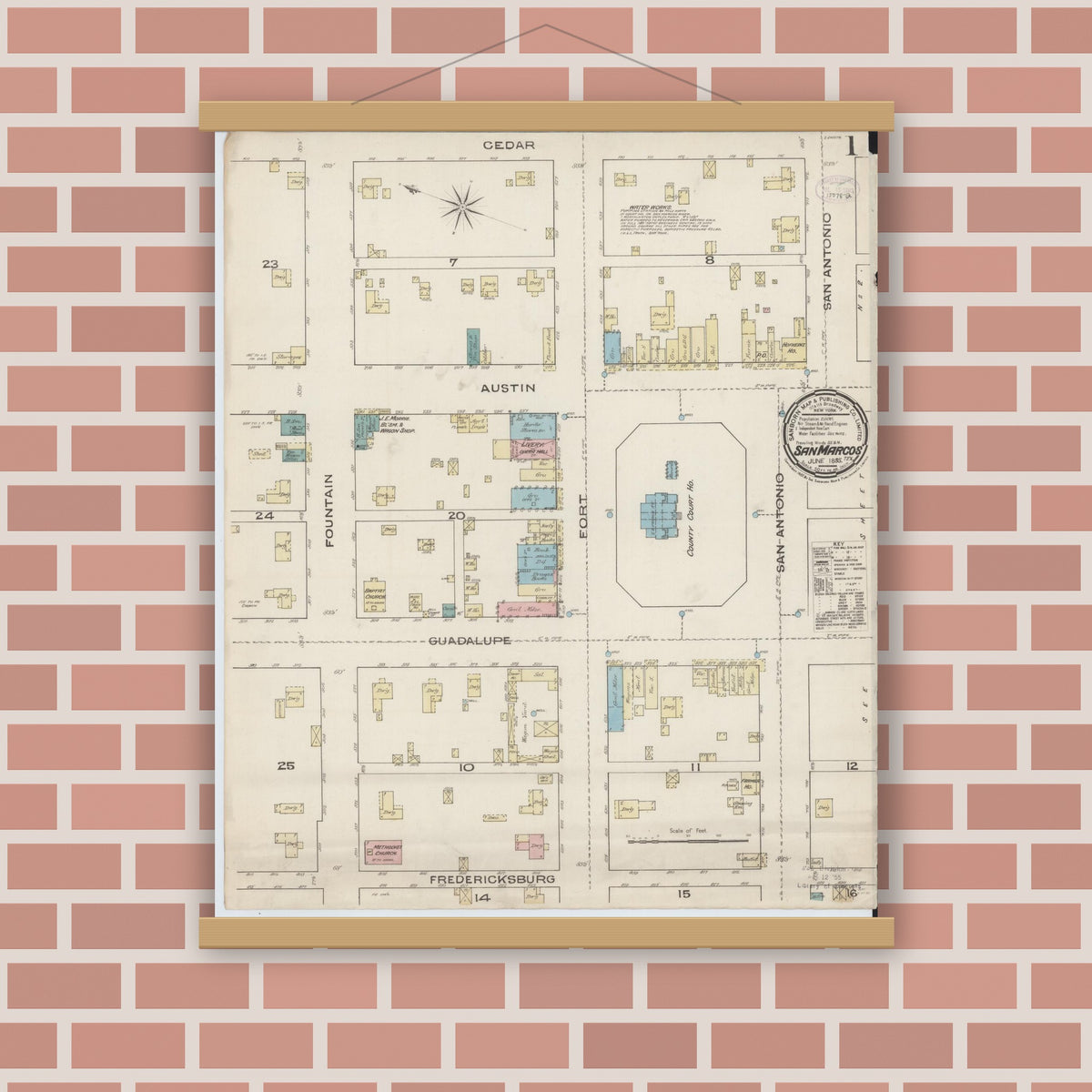 Old map wall art mockup — magnetic wood frame on brick wall — Sanborn Fire Insurance Map from San Marcos, Hays County, Texas (1885) - Complete Map Set